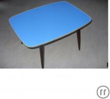 1-Nierentisch eckig mit blauer Kunststoffplatte, Nierentisch, Tisch, 50er Jahre, Beistelltisch, Wohnen