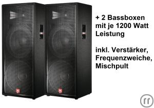 komplette professionelle PA-Anlage/Musikanlage von JBL leihen/mieten + 2 leistungsstarke Bassboxen