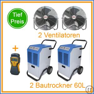 Bautrockner / Luftentfeuchter 60L/Tag 2-Raum Komplett-Set mit Ventilatoren/Lüfter und Messgerät