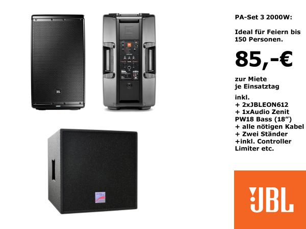 3-JBL Musikanlage, PA Anlage, Komplettanlage 3000W "PA-Set 4", bis zu 250 Gäste, mieten