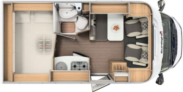 4-Wohnmobil Teilintegriert mit Doppelbett und Garage, Sunlight T60