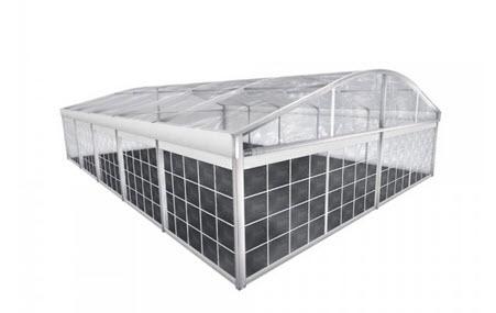 1-Rundbogenzelt Bodega Transparent 10x15m 150m², ohne Fußboden mit Erdnagelverankerung