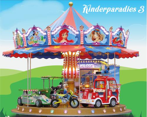 Kinderkarussell Kinderparadies 3, mit 23 Sitzplätze für Kinder. Baujahr: März 2021.