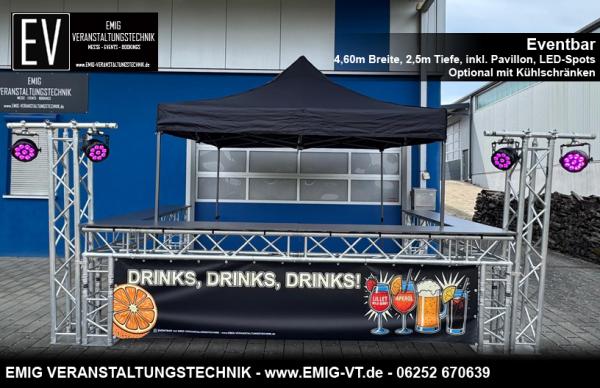 Mobile Eventbar, mobile Theke, mobile Bar, mobiler Counter inkl. Pavillon und Beleuchtung