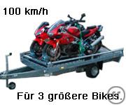 1-Motorradtrailer, Motorradanhänger für bis zu 3 größere Maschinen mit 100 km/...
